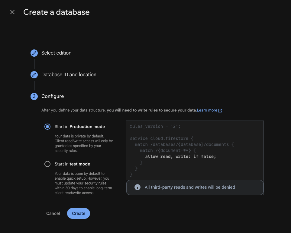 firebase-create-db-mode