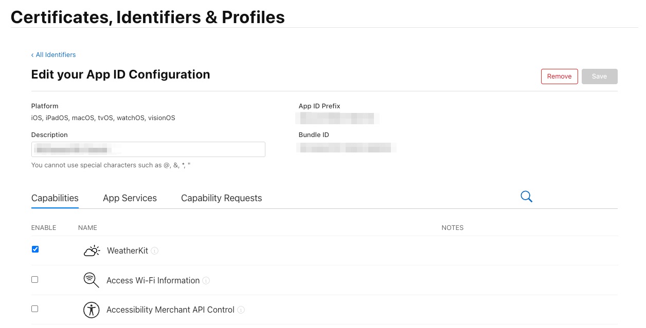 WeatherKit capability enabled for App ID
