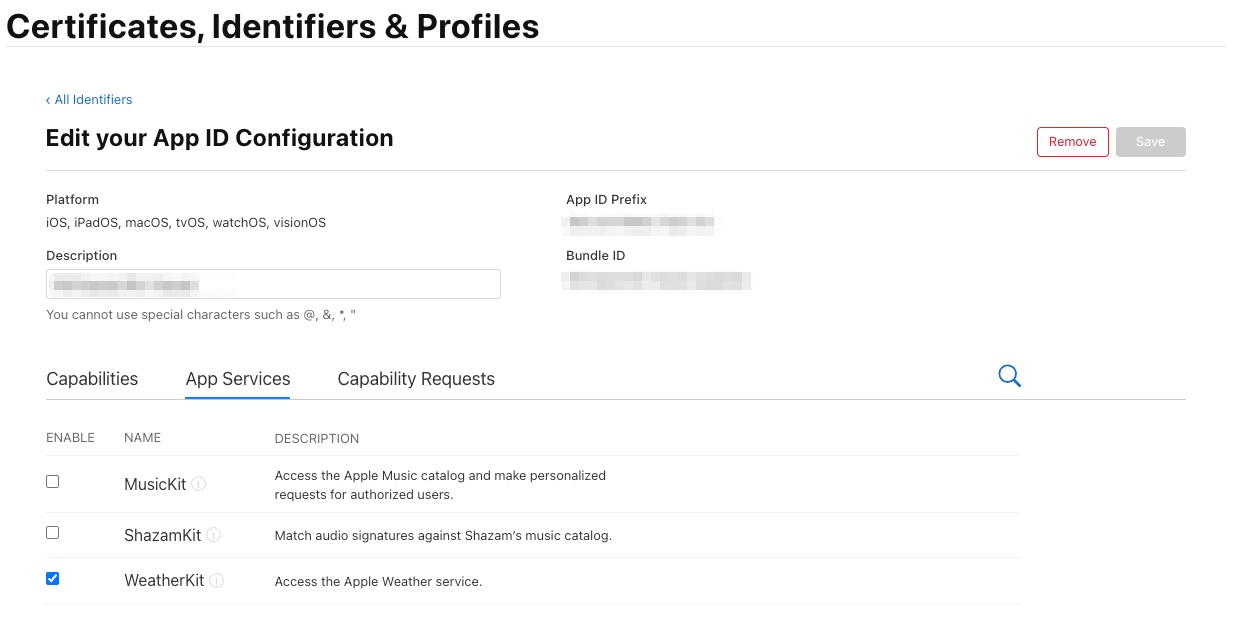 WeatherKit enabled under App Services