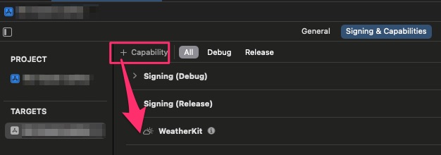 WeatherKit capability enabled in Xcode Signing & Capabilities